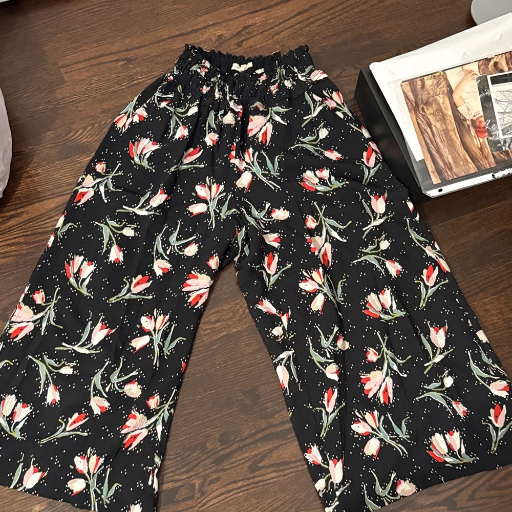 Floral Black Wide-Leg Pants Rebecca Taylor size small